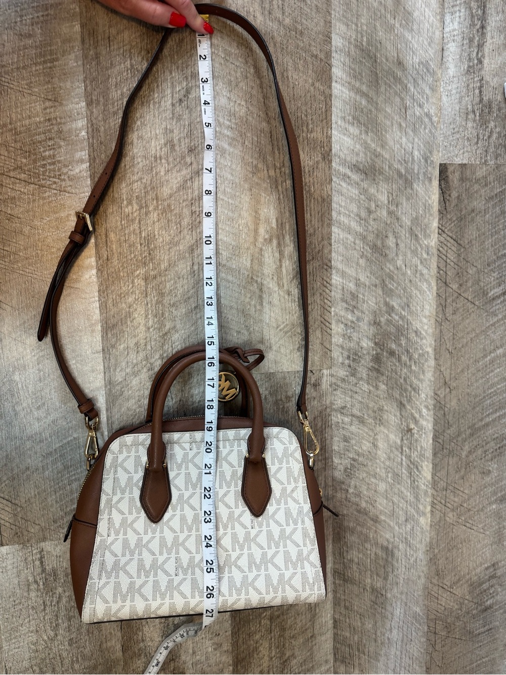 Michael Kors Cream MK Logo Clutch with Brown Leather Trim and shoulder strap - Picture 13 of 15